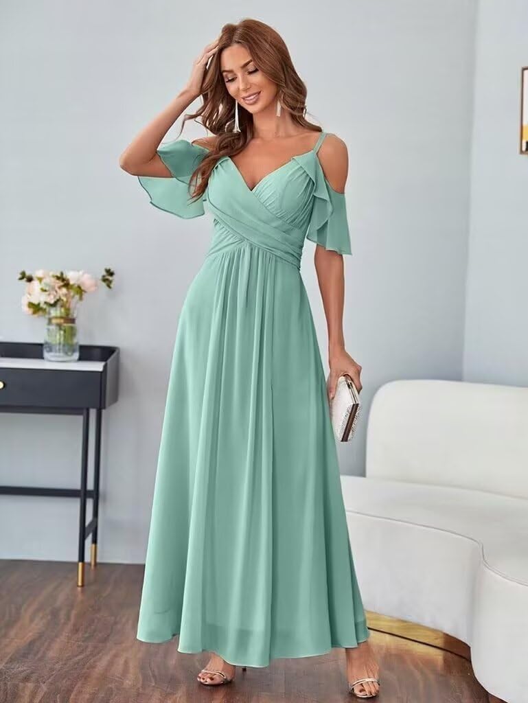 Off Shoulder Bridesmaid Dress Long for Women Wedding Party with Slit Chiffon V Neck Evening Ball Gown