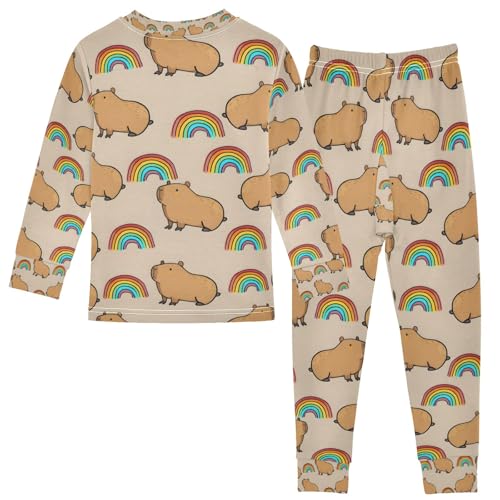 senya Fun Capybara with Rainbow Pajamas Set Long Sleeve Soft Cotton Sleepwear 2 Piece2