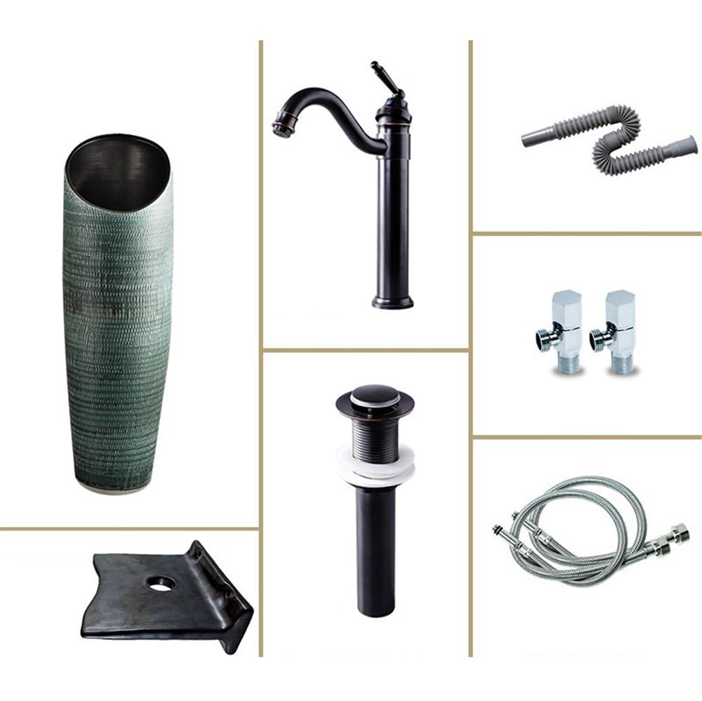 Lavello a colonna in ceramica con rubinetto e kit di scarico, elegante lavabo da pavimento per cortile, design moderno, salvaspazio, facile installazione