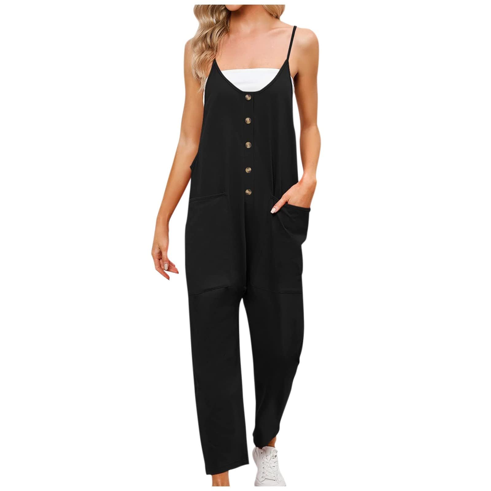 Smidow Women's #T02-Black Jumpsuit For Dressy Casual Loose Sleeveless Spaghetti Strap Stretchy Wide Leg Long Pant Romper With Pockets, M