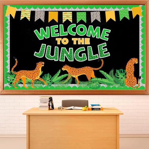 Jungle Animals Bulletin Board Decorations Welcome to The Jungle Welcome Back to School Classroom Decor Tropical Leaves Leopard Print Cutouts for Teacher School Kindergarten Wall Door Decor