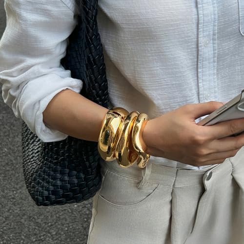 Salircon Gold Bangle Bracelets for Women Gold Plated Wide Wire Chunky Cuff Bracelets Trendy Hinged Cuff Open Wide Chunky Bracelet Irregular Minimalist Jewelry3