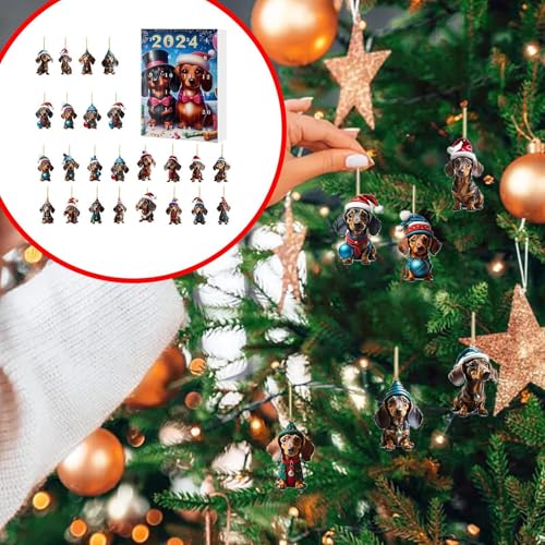 Weihnachtsbaum Dackel Anhänger Adventskalender 2024, 24-Tage-Weihnachts-Countdown-Kalender Dackel Anhängerbox Für Erwachsene, Kinder, 2D Acryl Dackel Hängeanhänger, Weihnachtsbaumschmuck