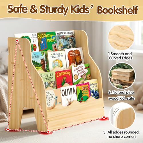 Image of Kids Bookshelf Montessori Wooden Bookcase 4 Tier Front-Facing Organizer | Effortless Assembly; Front-Facing Design for Independence; Child-Friendly Height; Holds 60-80 Books; Sturdy Construction