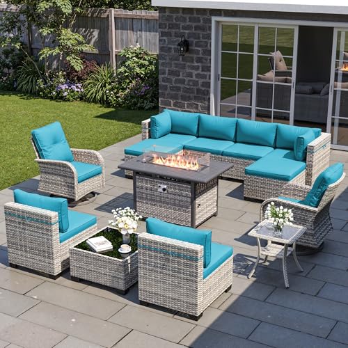 Image of 13-Piece Patio Furniture Set, Outdoor Patio Furniture with Swivel Chairs Set, Ottomans, 55,000 BTU Fire Pit Table, Modular Patio Sofa, Dual-Strand Wicker Rattan, Rust-Resistant Frame, Lake Blue
