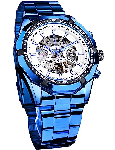 Image of FORSINING Men's Watch Self-wind Skeleton Hollow Out Mechanical Automatic Luxury Watches, Blue Black Stainless Steel Band Waterproof Wristwatch