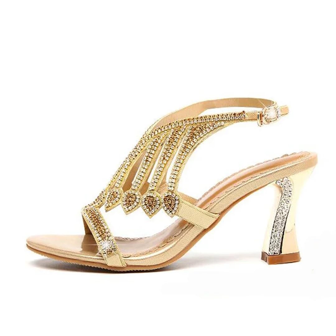 Sandalias básicas de cuero con diamantes de imitación para mujer, correa trasera, tacón cuadrado, tacón alto, sandalias de verano para boda