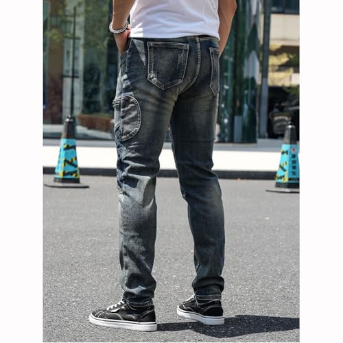 Mens Slim Fit Bike Jeans Distressed Straight Leg Cargo Denim Pants2