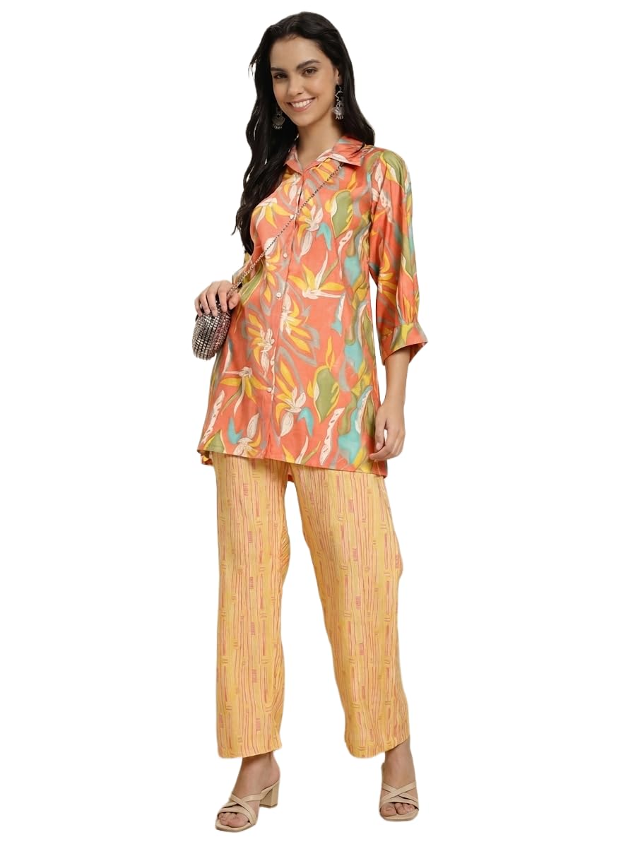 rangatt couture Floral Printed Co-ord Set with Shirt & Striped Palazzo pant (IN, Alpha, S, Regular, Standard, Multicolor (Peach, Green, Yellow))-picture-19