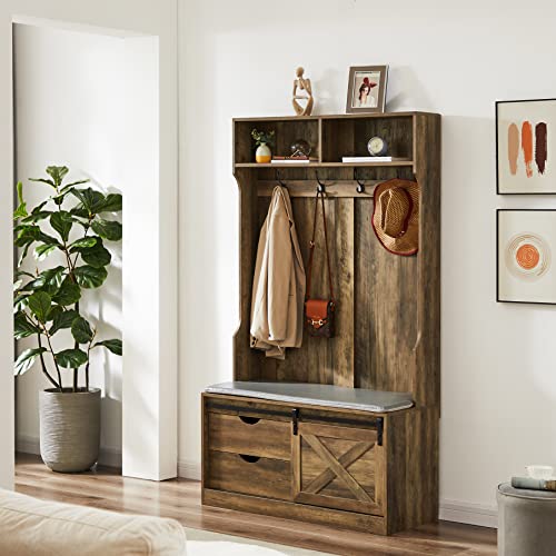Betoko 71 Inch Entryway Bench With Sliding Barn Door, Hall Tree With Coat Rack And Storage Bench, Wood Coat Tree With Cushioned Stool And Hooks For Hallway, Living Room, Mudroom (Oak) #TOP5
