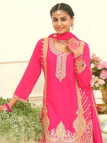 Image of INDO ERA Women's Chinon Paisley Embroidered Straight Kurta & Palazzo with Dupatta Set (IEOUT12447)