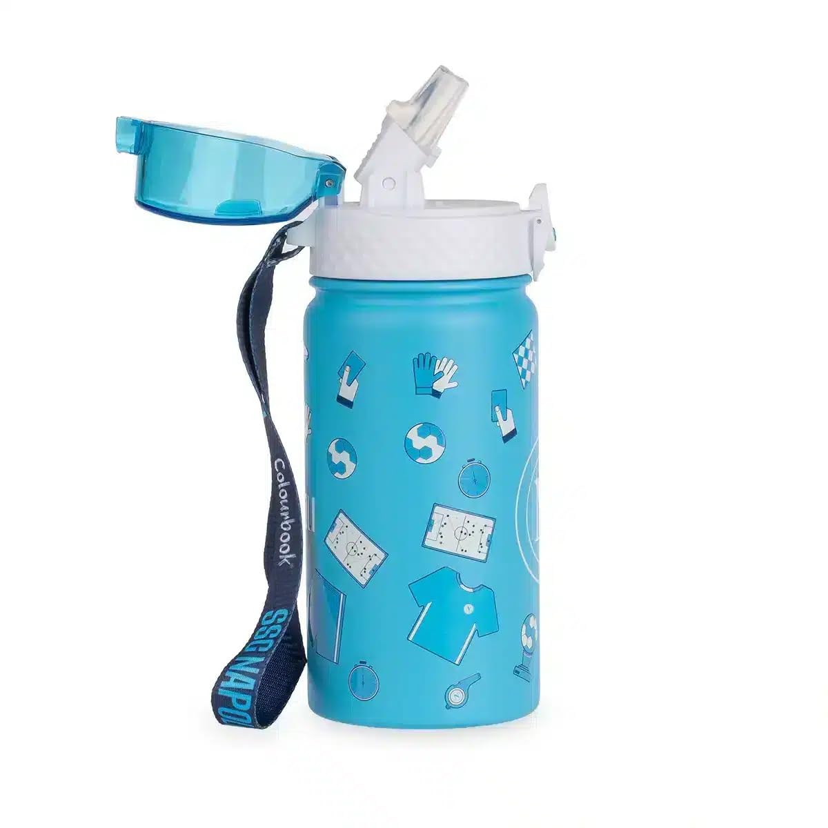 PRESTIGE & DELUXE Zaino scuola Napoli Azzurro con mini pallone + Astuccio 3 piani zip completo di cancelleria + Diario + lunch Bag + Borraccia termica 400 ml + portachiave squadra