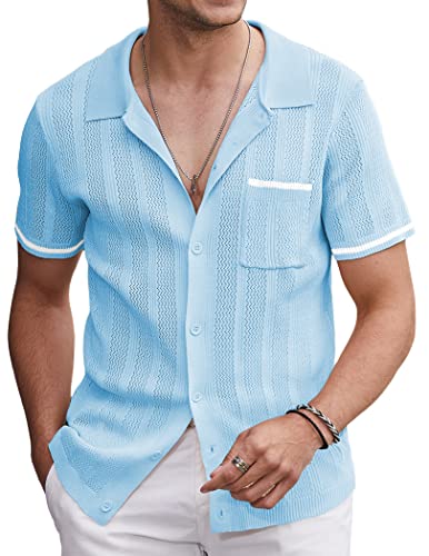 COOFANDY Camisa Polo para Hombre de Manga Corta Casual para Vacaciones en la Playa Azul Claro