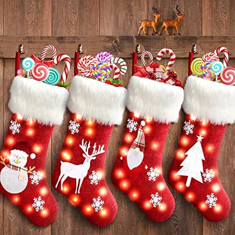 Acina Christmas Stockings Decorations 4Pcs: 19" Classic Xmas Stockings - Santa Snowman Reindeer Penguin for Christmas Kids Gifts - Xmas Socks Character for Fireplace Hanging Season Party Decor Cover