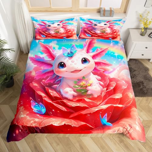 Juego de ropa de cama Kawaii de ajolote, funda de edredón de dibujos animados de salamandra para niños y adolescentes, funda de edredón decorativa con mariposas rosas, juego de ropa de cama de cielo