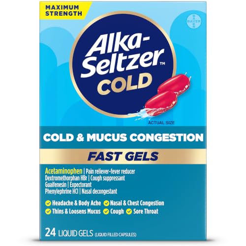 Alka-Seltzer Plus Maximum Strength Cough Mucus & Congestion Powermax Liquid Gels Fast and Effective Chest Congestion Relief Cough Suppressant For Adults and Children 12 Years and Older 24 Count
