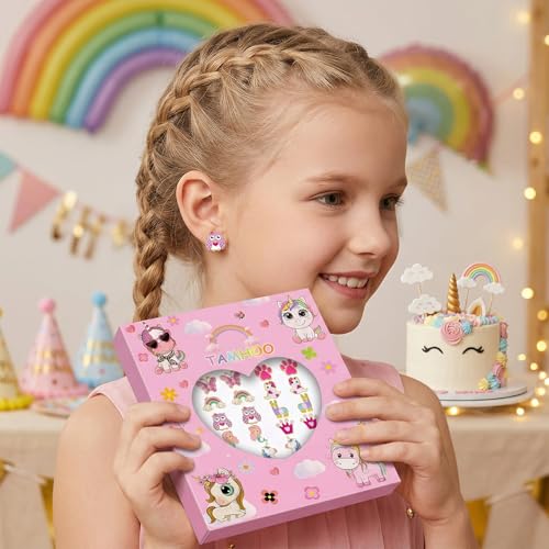 Image of TAMHOO 33 Pairs Hypoallergenic Stud Earrings for Girls, Cute Mixed Styles | Mixed cute designs with stainless steel posts, push backs, CZ, faux pearl, resin and crystal accents; gift box included
