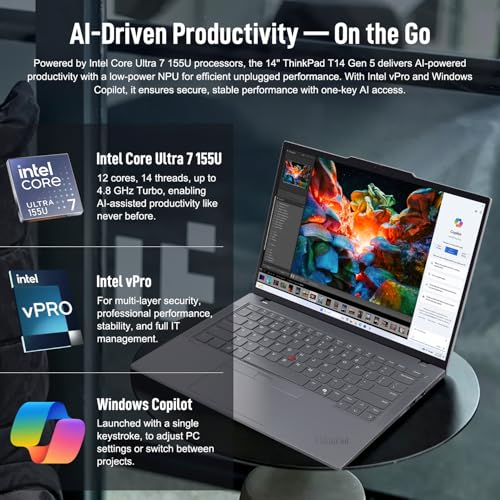 Image of Lenovo ThinkPad T14 Business AI Laptop, 14 inch FHD+ IPS, Intel Core Ultra 7 155U, 32GB DDR5, 512GB SSD, 5MP Webcam, Fingerprint, Backlit, Wi-Fi 6E, Thunderbolt 4, Windows 11 Pro, 7-in-1 USB-C Hub Bundle