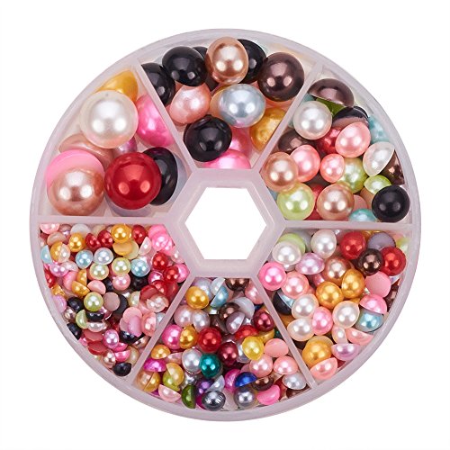 PH PandaHall 690pcs Half Round Pearl Beads 6 Sizes Flat Back Pearl Cabochon Faux Pearl Beads for DIY Scrapbook Phone Case Wedding Decor Hair Accessory Nail Art, Mixed Color, 4/5/6/8/10/12mm