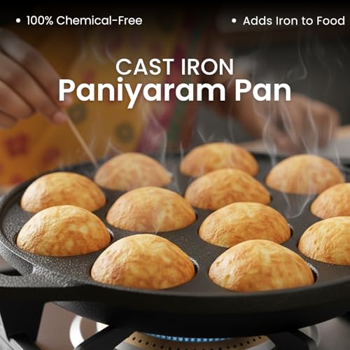 Image of Omichef Cast Iron Paniyaram Pan (Appe Maker) Pre-Seasoned 12 Pits Appam Maker | Small Paddu Pan | Naturally Non-Stick | Gas & Induction Compatible