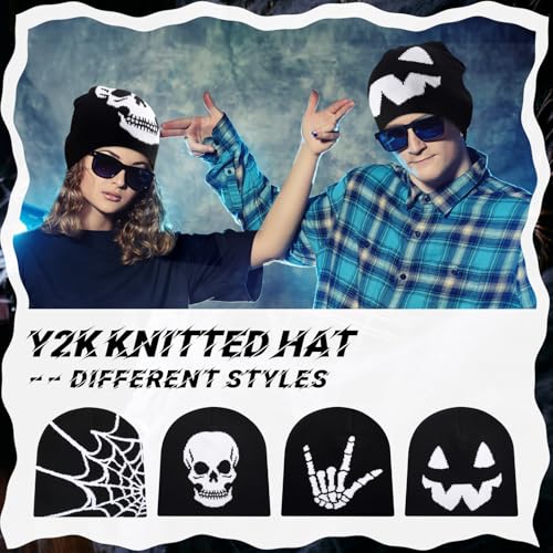 Image of Ramede 4 Pcs Y2k Beanie - Double Sided Graphic Beanies for Men and Women, Acrylic Knitted Y2k Hats Accessories