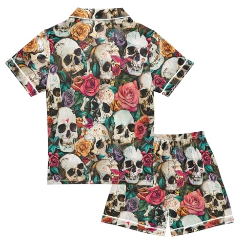 ALAZA Colorful Rose Blossom Sugar Skull Bone Satin Pajamas Set Short Sleeve Button Down Sleepwear Summer Pjs 2 Piece2