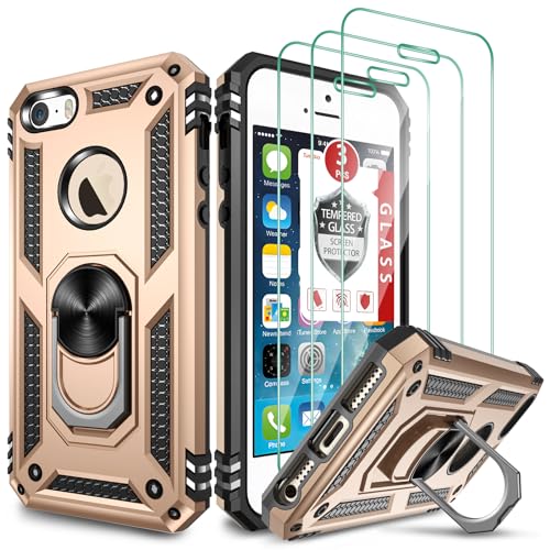 GAMEMIUZ for iPhone SE Case(1st gen - 2016), Case for iPhone 5S with [3X Tempered Glass Screen Protector]，Built-in Ring Kickstand and Magnetic Car Mount Shockproof Dropproof Cover 4' - Gold