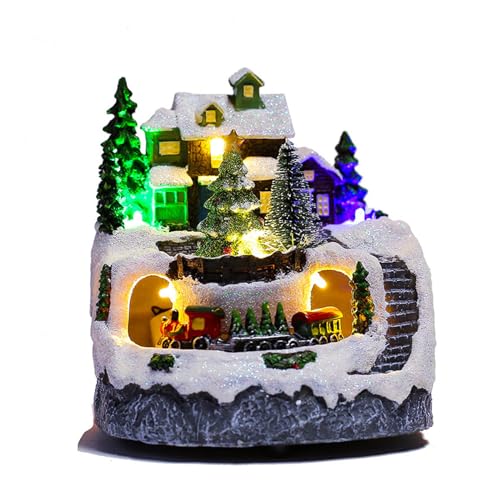 GIVOKE Musical Christmas Village Houses with Light, Rotating Train Light Up Village Scene Resin Christmas Houses Decorations (Battery Required) (Xmas tree)