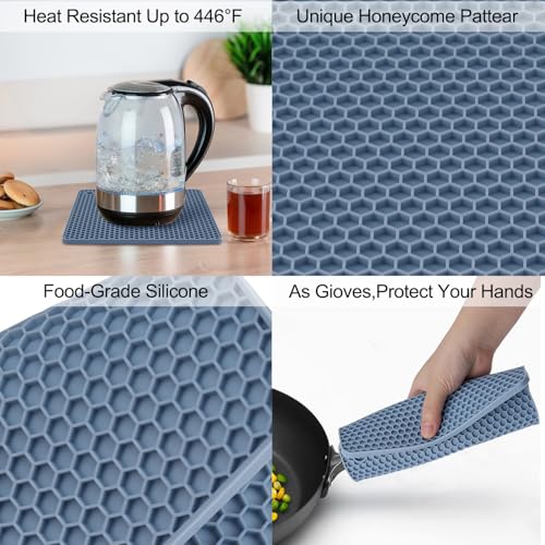 Image of 4 Pack Silicone Trivet Mat, Silicone Trivets for Hot Pots and Pans, Non-Slip & Heat Resistant Silicone Hot Pad for Kitchen Counter Mat Set, Soft Drying Mat, Jar Opener and Coasters, Square, Blue