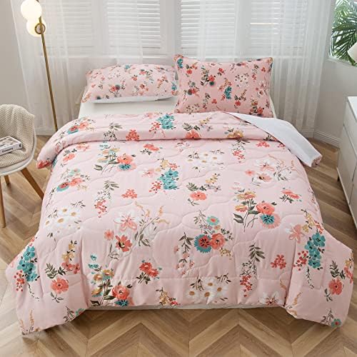 TOPTREE Colorful Floral Comforter Set Queen - Vintage Aesthetic Rose Floral Bedding Flower Pattern Comforter Cover Garden Theme Bedroom Decor Valentine's Day Gifts for Teens Women Adults (Pink)
