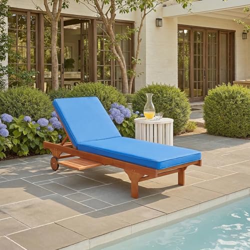 Image of SAFAVIEH Outdoor Collection Newport Natural / Royal Blue Cushion Built-in Side Table Adjustable Chaise Lounge Chair