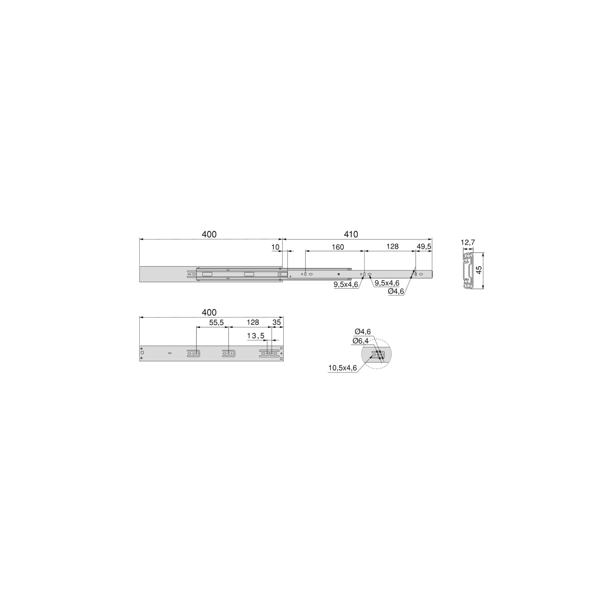 Emuca - Prowadnice kulkowe 45 mm x 400 mm, Pełen wysuw, Cichy domyk, Zestaw 5 par, Czarne