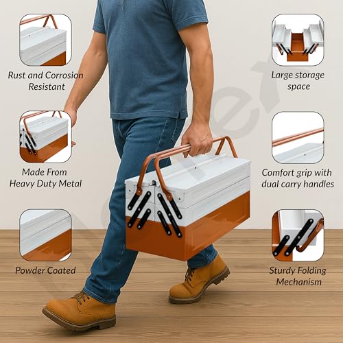 Image of Plantex Tool Box Empty /18 inch Metal Tool Organizer 5- Compartments Metal Tool Boxs /Empty Tool Boxs /Tools Organizer Box - (Brown & Ivory)