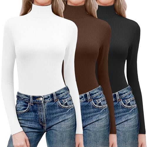 Ekouaer Women 3 Pack Turtleneck Shirts Ribbed Thermal Underwear Tops Lightweight Long Sleeve Layer Tees Basic Pullover Blouse M (Black + Brown + White)
