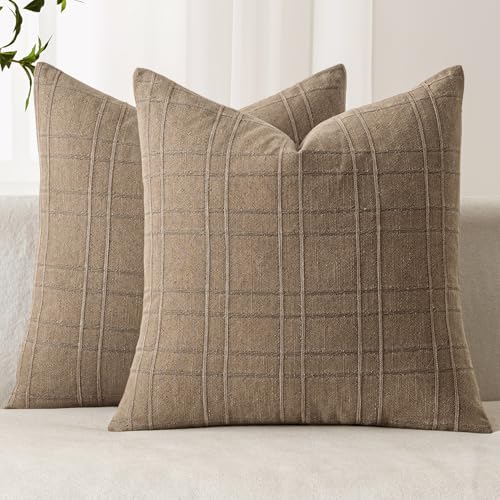Image of MIULEE Decorative Linen Check Throw Pillow Covers Neutral Farmhouse Vintage Pillow Covers 16x16 Set of 2 Boho Modern Winter Home Decor for Sofa Couch Bedroom Cushion Light Brown