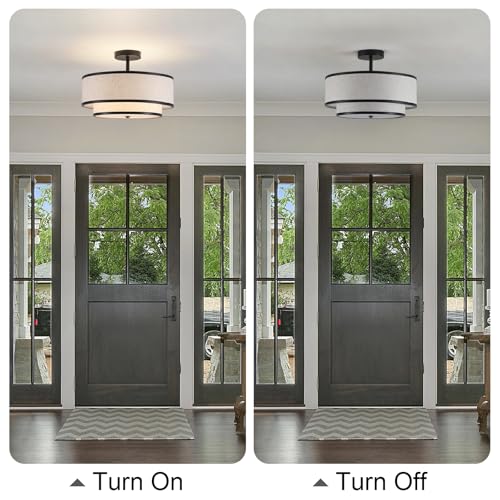 Farmhouse Close to Ceiling Light, 3-Light Flush Mount Ceiling Light Fixture with 2-Layer Fabric Shade, Modern Drum Ceiling Lamp for Hallway Bedroom Living Room (Black) - Image 5