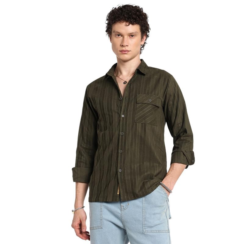Image of CAHOOT Men's Polycotton Abstract-Textu Shirt |Casual-Wear | Spread Collar | Long Sleeve | Button Closure | Shirt Crafted with Comfort Fit for Everyday Wear