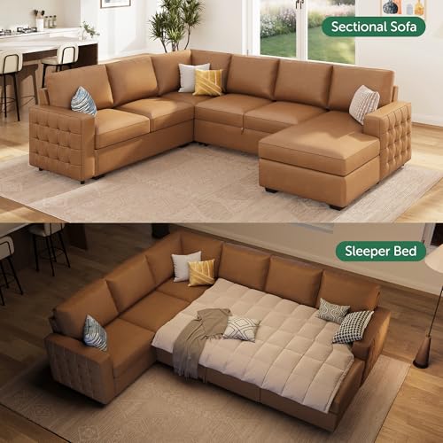 Image of HONBAY Sleeper Sectional Couch with Pull-Out Bed Sectional Sleeper Sofa Pull Out Bed with Storage Chaise, 6 Seaters Couch for Living Room, Faux Leather Brown