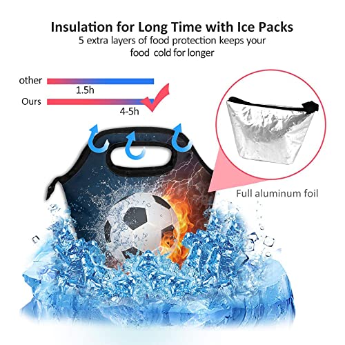 Fire Flame Water Ice Soccer Football Soft Polyester Lunch Tote Bag Lightweight Durable Insulated Cooler Thermal Lunch Bag Box For Kids Adults School Office - Ideal For Boys Girls Kids Ages 3+ #TOP3