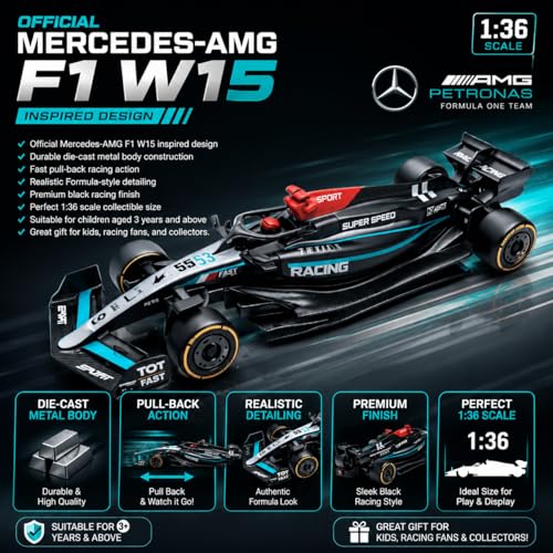 Image of Mercedes-AMG F1 W15 Pull Back Race Car Toy, 1:36 Scale Die-Cast Metal Formula Racing Car Model, Pull Back Action Toy Car for Kids Boys Girls 3+ & Racing Enthusiasts (Black)