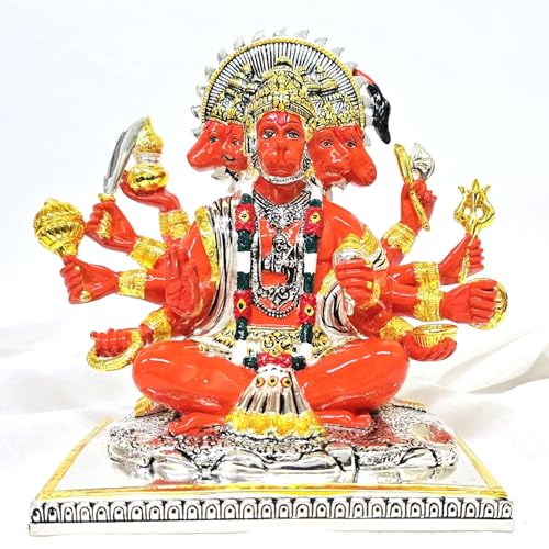 Image of Gold Art India Gold and Silver Plated Panchmukhi Hanuman Idol | Bajrang Bali Murti for Mandir | with Enamel Work Showpiece Figurine for Home Temple, Gifting(13L x 18W x 23H cm)(Silver Orange)