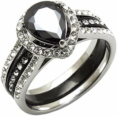 Womens Black Pear Cut CZ Two Tone Black Stainless Steel Wedding 2 Pieces RINGS SET