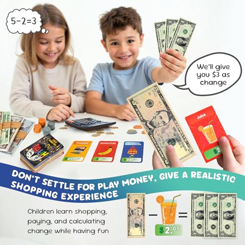 Pretend Money for Kids - Realistic Play Money Set, 384PCS, Ages 3+, Teaches Math & Money Skills, Fun Shopping & Banking Toys, 80PCS Different Product Price Cards, Preschool Learning Tool