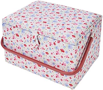 Sewing Online Large Sewing Box,Pink and Blue Floral Fabric | 31 x 23 x 20cm | Storage and Organiser Basket with Compartments for Sewing Supplies,Accessories,Thread,Needles,and Scissors - GA1121L