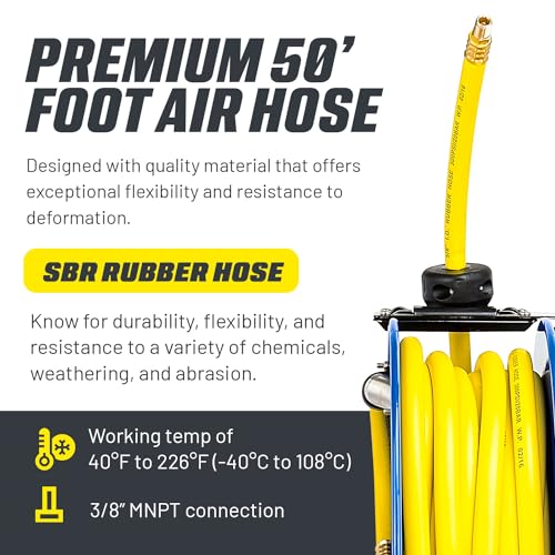 Goodyear Air Hose Reel Retractable 3/8" Inch x 50' Foot SBR Rubber Hose Max 300PSI Heavy Duty Industrial Steel Single Arm Construction by Goodyear - Image 3
