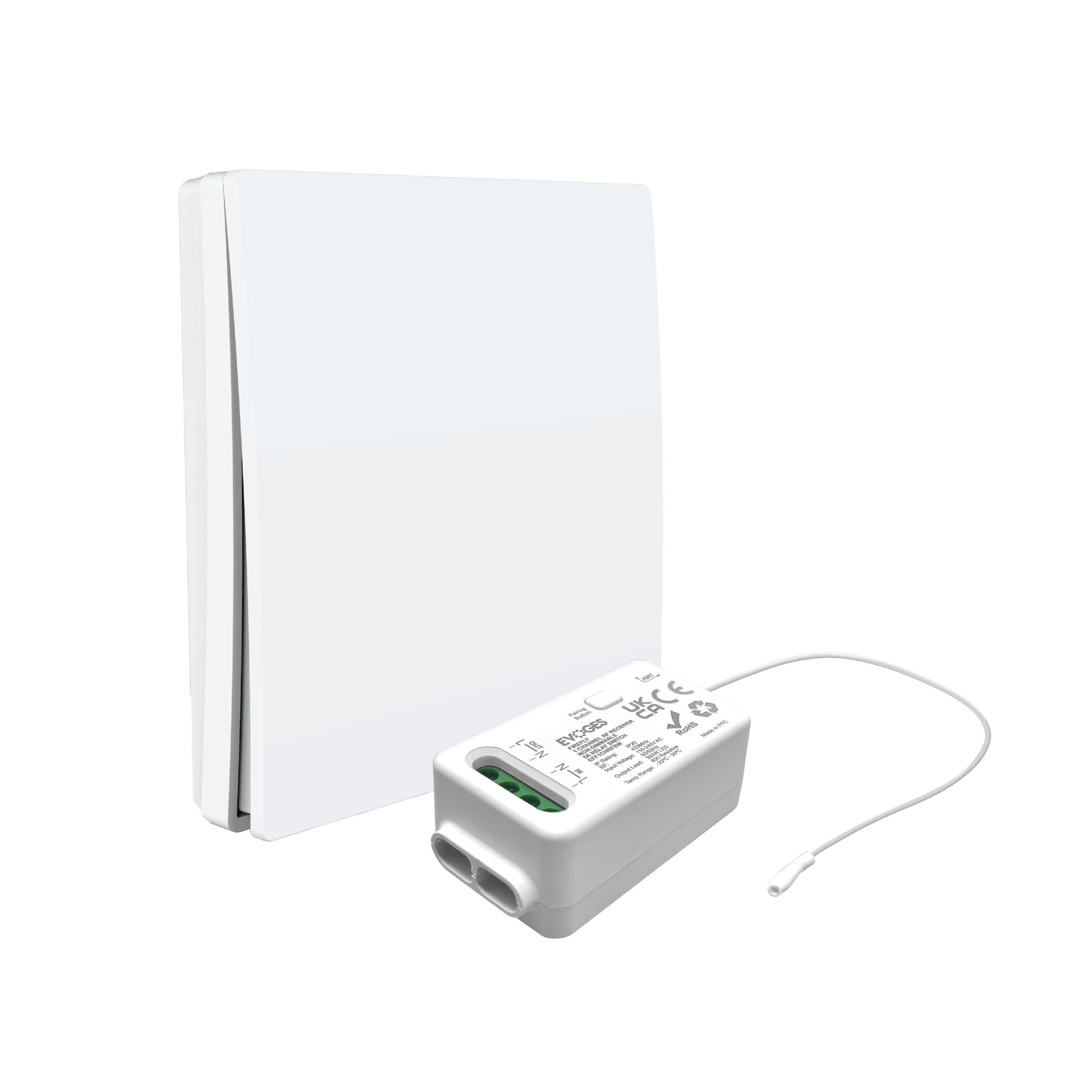 Evoges Firefly RF Kinetic Switch & Receiver Kit (Non Dimmable 5A Relay Receiver + 1 Gang Wireless Battery Free Light Switch, White) — image 1