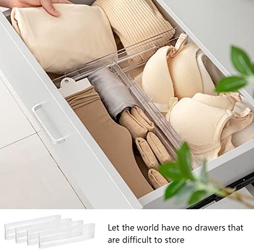 4 Pack Drawer Dividers, Plastic Drawer Separators, Adjustable Drawer Organisers, 10.8"-20.5" Expandable Drawer Organiser, Clear Plastic Drawers Separators for Clothing, Office Kitchen Drawer Divider