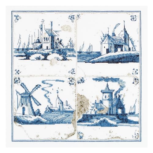 Image of Thea Gouverneur - Counted Cross Stitch Kit - Antique Tiles Villages - Aida - 18 Count - Embroidery Kit for Adults - DMC Embroidery Threads and Other Cross Stitch Supplies Included - 484A