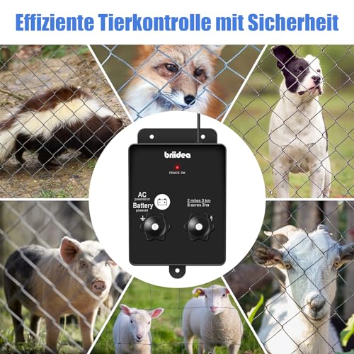 HEFC-04DE 230V Weidezaungerät, Briidea 2-Meile 8 Acres 2-in-1 Elektrischer Zaunladegerät betrieben von Batterie oder Netzadapter, 3 Joule, Schützen Sie Ihr Vieh, Gartenweide vor Wildtieren