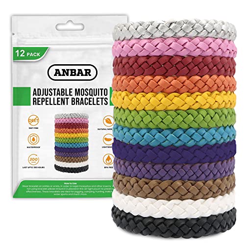 Anbar Leather Mosquito Repellent Bracelets for Adults and Kids, 12 Pack, Deet Free, All-Natural Anti-Mosquito, Tick, and Insect Essential Oils, 300-Hour Waterproof Outdoor Protection (Solid)